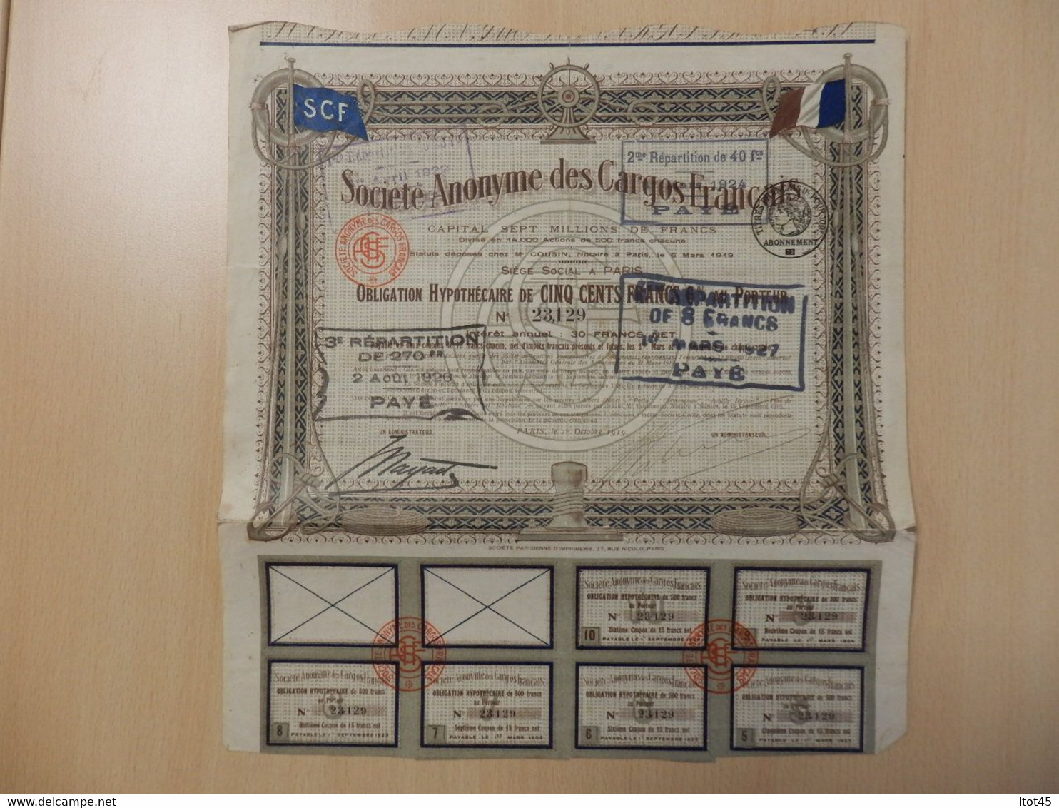 ACTION DE 500 FRANCS SOCIETE ANONYME DES CARGOS FRANCAIS 1919 - Navigation