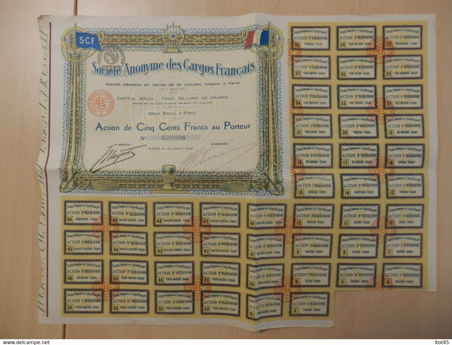 ACTION DE 500 FRANCS SOCIETE ANONYME DES CARGOS FRANCAIS 1920 - Scheepsverkeer