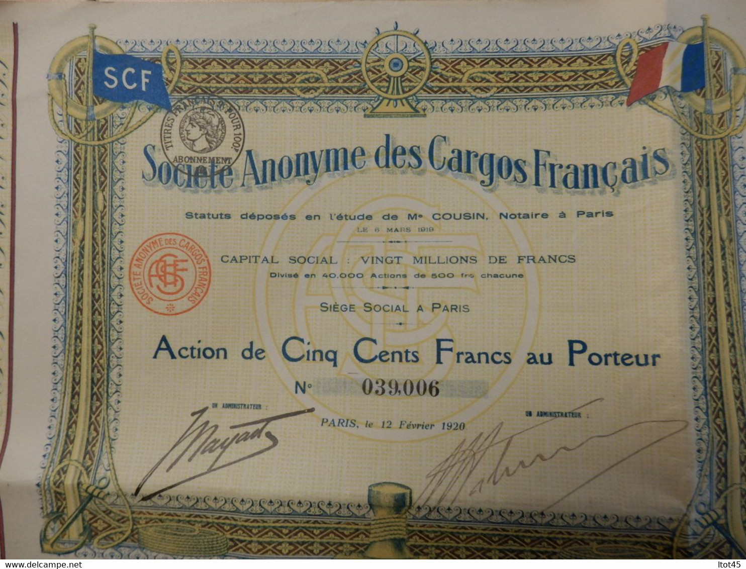ACTION DE 500 FRANCS SOCIETE ANONYME DES CARGOS FRANCAIS 1920 - Navigation