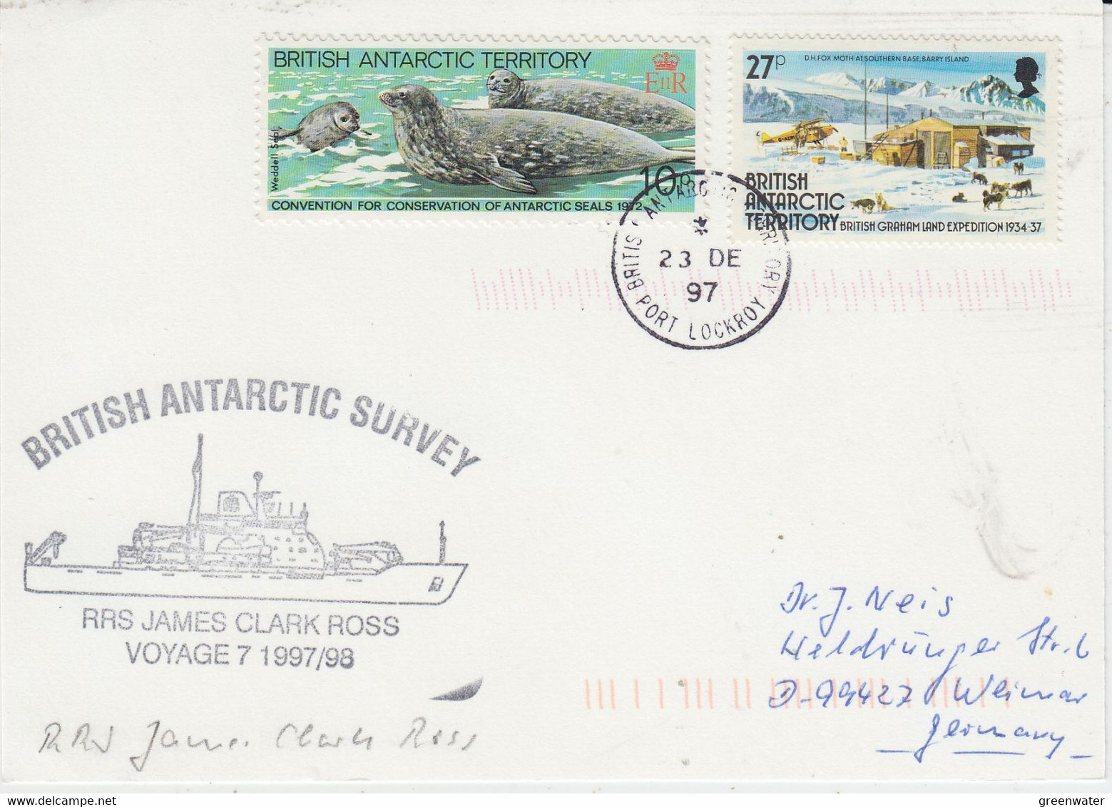British Antarctic Territory (BAT) Ca RRS James Clark Ross Card Ca Port Lockroy 23 DE 1997 (AT198) - Storia Postale