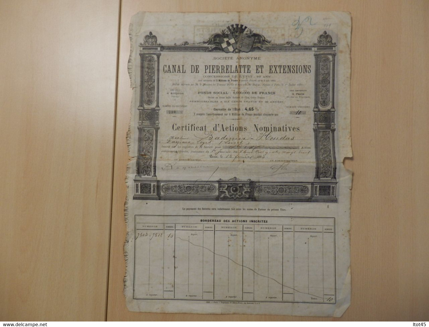 CERTIFICAT D'ACTIONS NOMINATIVES CANAL DE PIERRELATTE ET EXTENSIONS 1883 - Navegación