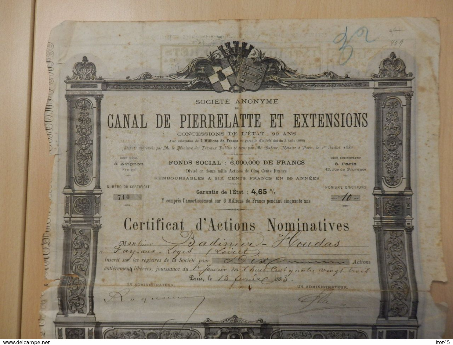 CERTIFICAT D'ACTIONS NOMINATIVES CANAL DE PIERRELATTE ET EXTENSIONS 1883 - Navy