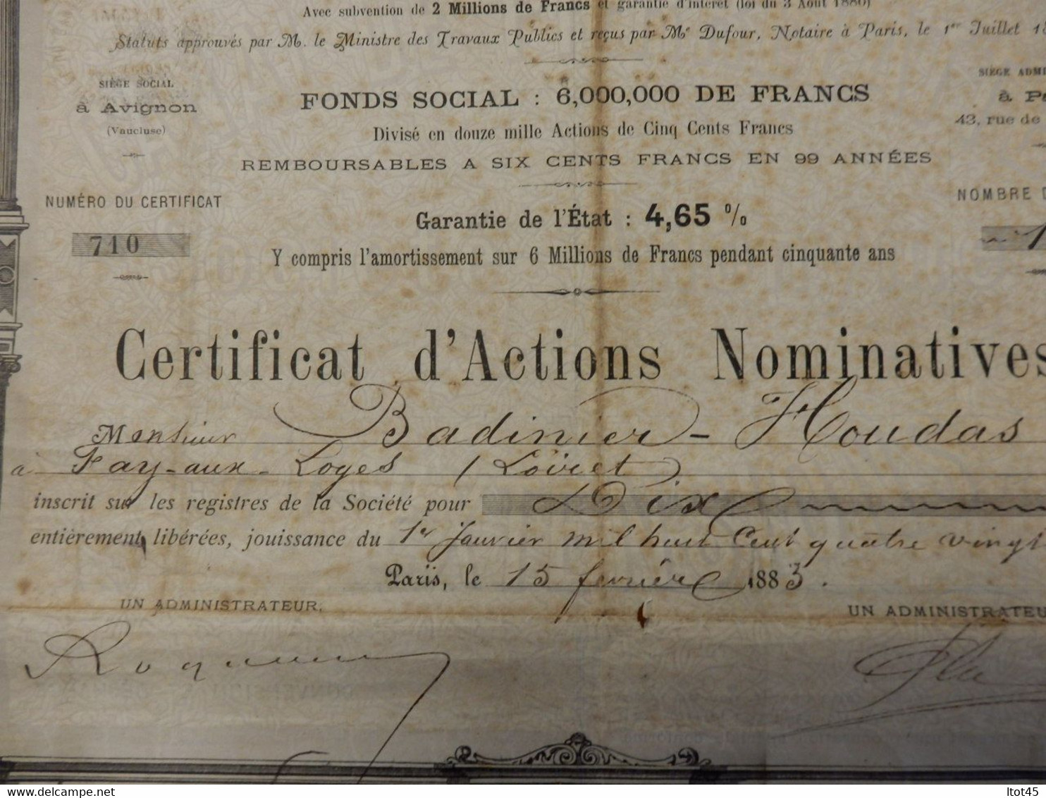 CERTIFICAT D'ACTIONS NOMINATIVES CANAL DE PIERRELATTE ET EXTENSIONS 1883 - Navigation