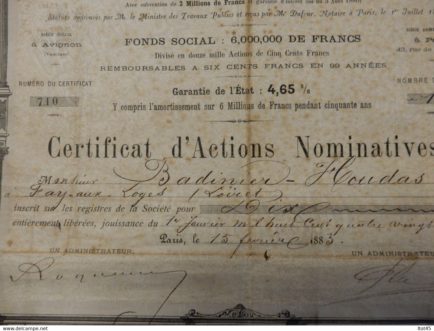 CERTIFICAT D'ACTIONS NOMINATIVES CANAL DE PIERRELATTE ET EXTENSIONS 1883 - Navy