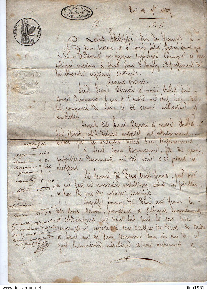 VP21.162 - SAINT JEAN D'ANGELY - Acte De 1837 - Obligation Par Mme & Mr P. VERNON De LOIRE à Mr L. BONNARME - Manuscrits