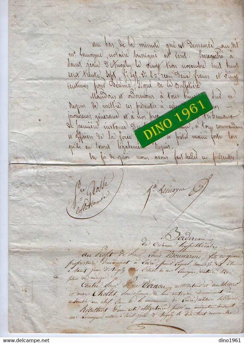 VP21.162 - SAINT JEAN D'ANGELY - Acte De 1837 - Obligation Par Mme & Mr P. VERNON De LOIRE à Mr L. BONNARME - Manuscrits