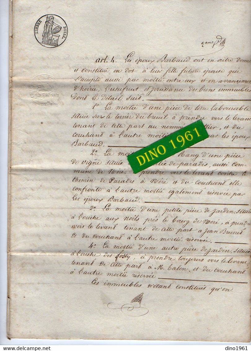 VP21.164 - NERE - Acte De 1837 - Contrat De Mariage De Mr Jean SALLE & Melle Marie BARBEAUD - Manuscrits