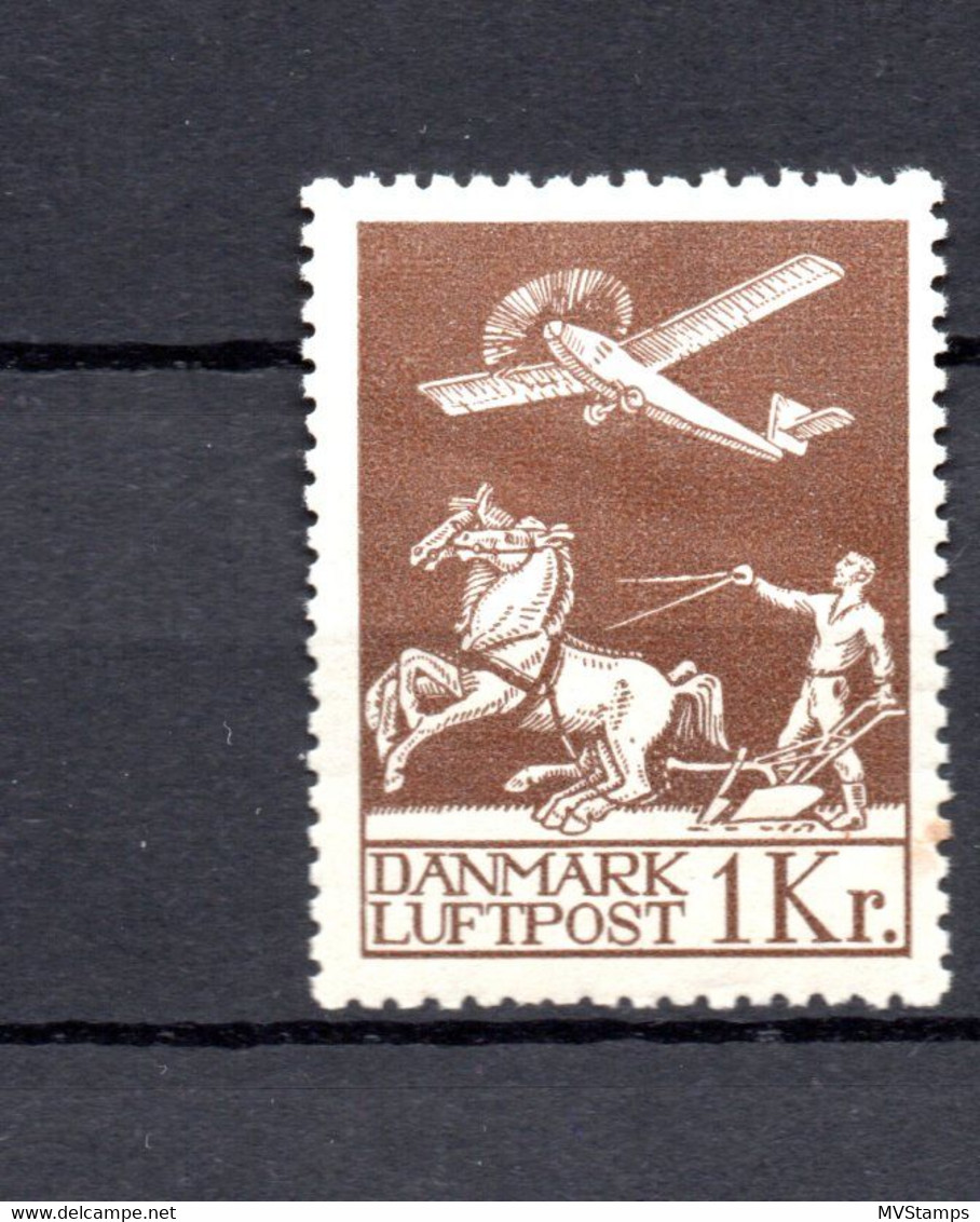 Denmark 1929 Old 1 Kr. Airmail-stamp (Michel 181) Unused/MLH (1 Brown Spott) - Luftpost