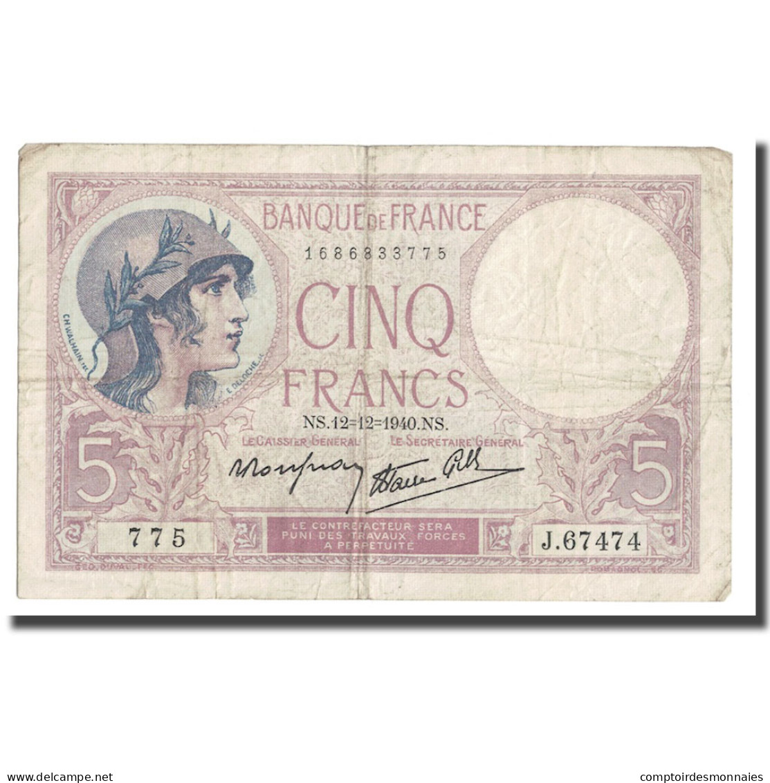 France, 5 Francs, Violet, 1940, 1940-12-12, TB+, Fayette:4.17, KM:83 - 5 F 1917-1940 ''Violet''