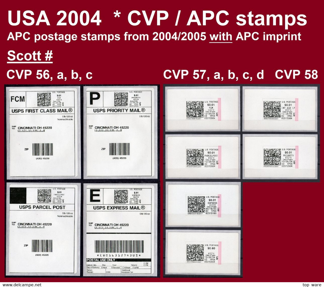 USA 2004 / 10x ORIGINAL APC ATM STAMPS / Scott # CVP56, A-c + CVP57, A-d + CVP58  LSA Distributeurs Automatenmarken CVP - Timbres De Distributeurs [ATM]