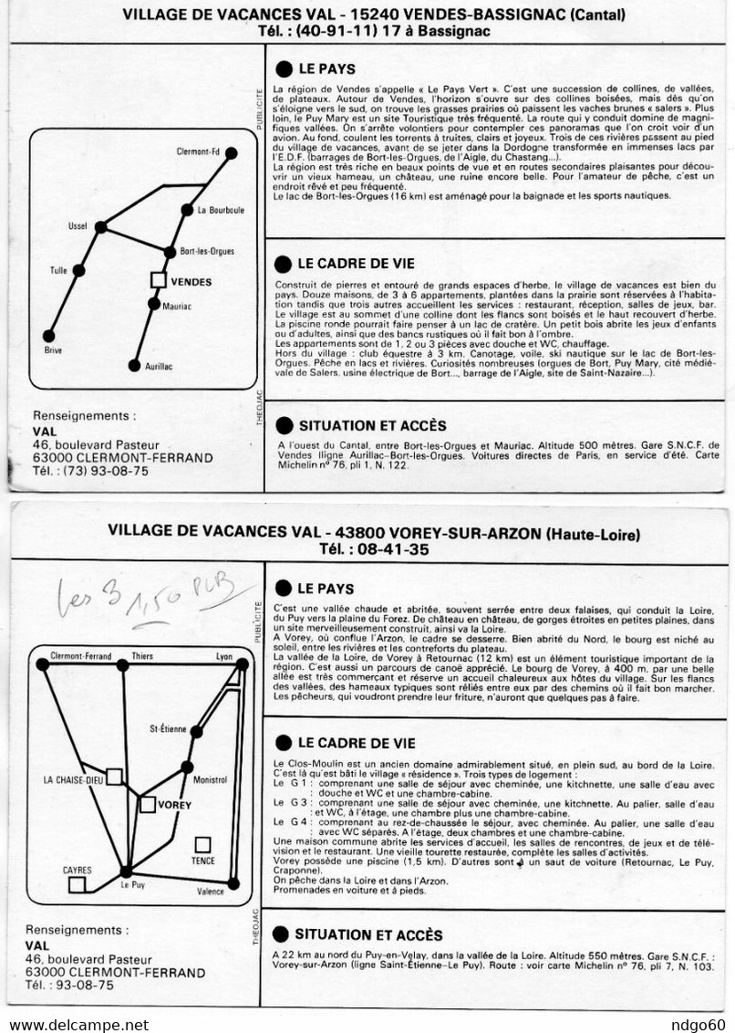 5 CP Publicité " Village De Vacances Val " Vorey, Lapleau ,Tence , Ayen , Vendes - Publicité