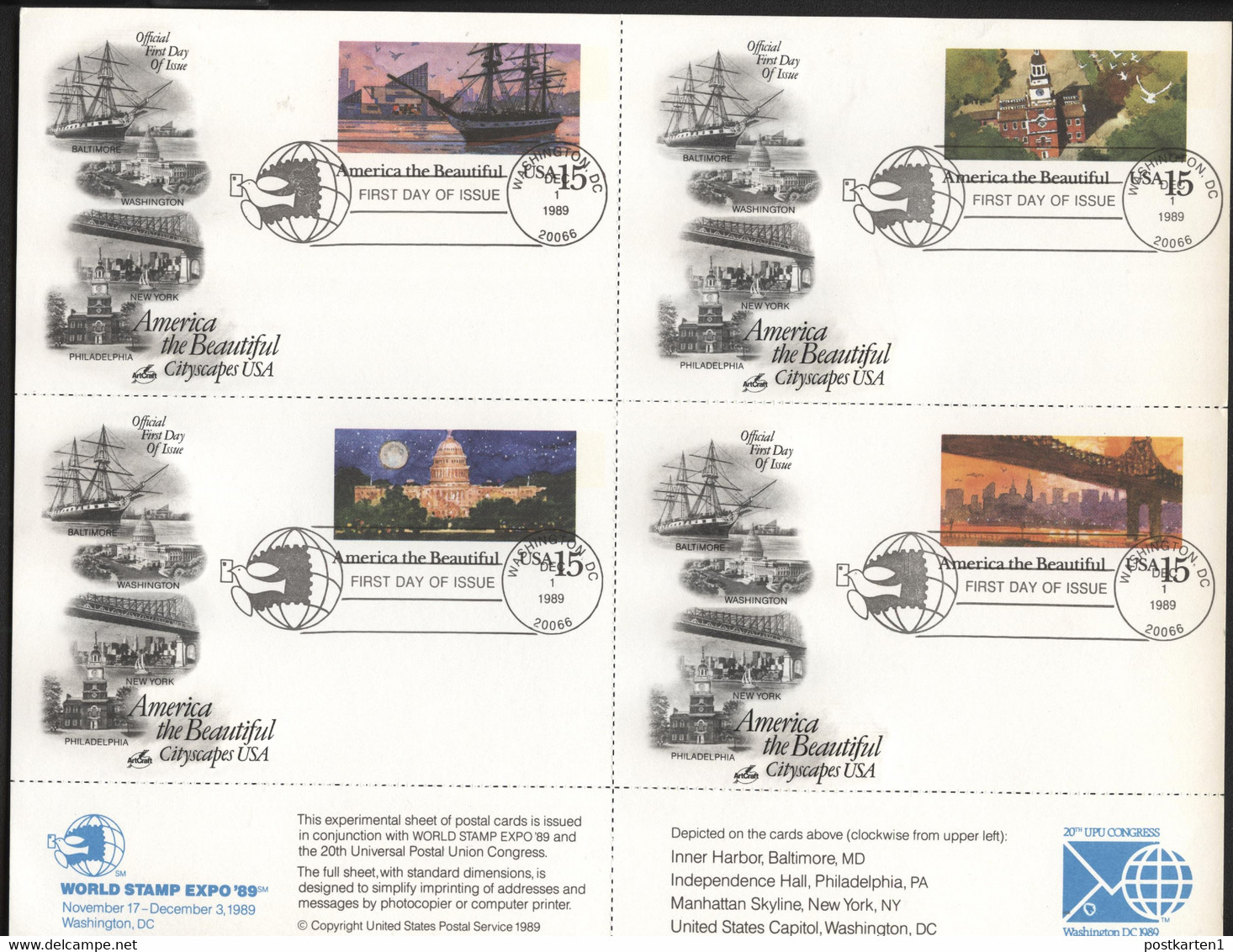 UX142a Postal Cards Sheetlet Of Four FDC ArtCraft 1989 Cat.$9.00 - 1981-00