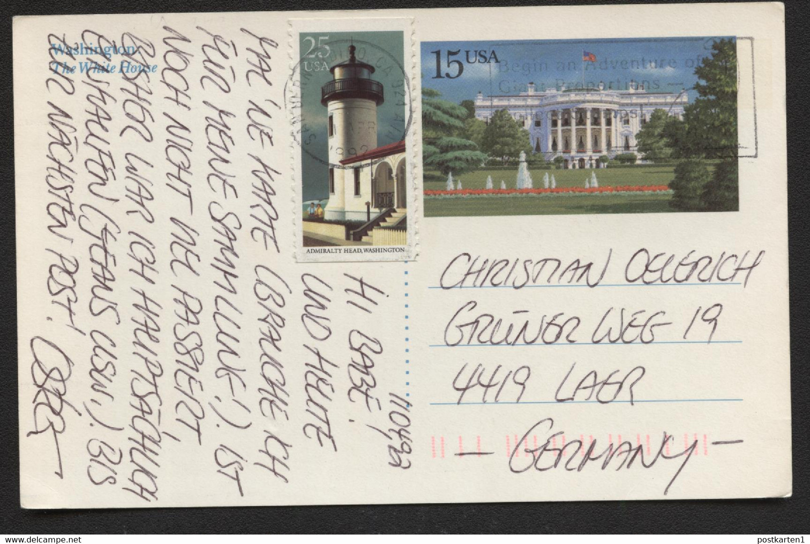 USA UX143 Postal Card San Bernandino CA To GERMANY Airmail 1992 - 1981-00