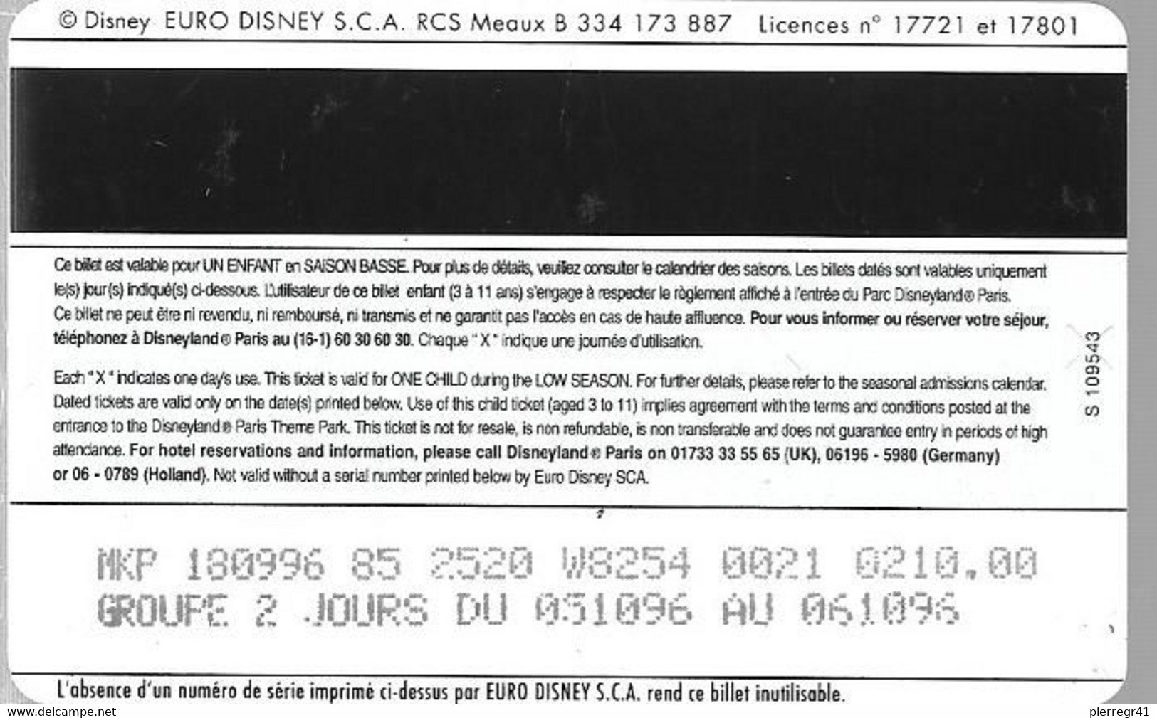 PASS--DISNEY-DISNEYLAND PARIS-1997-POCAHONTAS-ENFANT-V°SPEOS S 109543 Vertical A Droite-GROUPE 2 JOURS -TBE - Passeports Disney