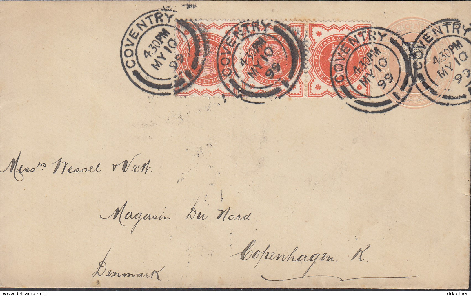 GROSSBRITANNIEN Privatumschlag Mit 1 P + 3x 86 DerFa. Francis Bacley Ribbon, Stempel Conentry 10.MY 1899 - Covers & Documents