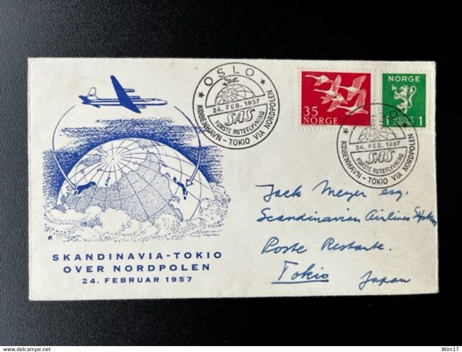 NORWAY 1957 FIRST FLIGHT COPENHAGEN TO TOKYO BY NORTH POLE 24-02-1957 NOORWEGEN NORGE - Brieven En Documenten