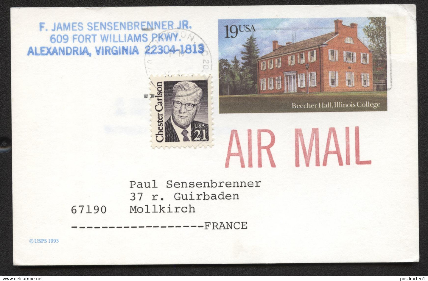 UX172 Postal Card Wahington DC To FRANCE Airmail 1993 - 1981-00