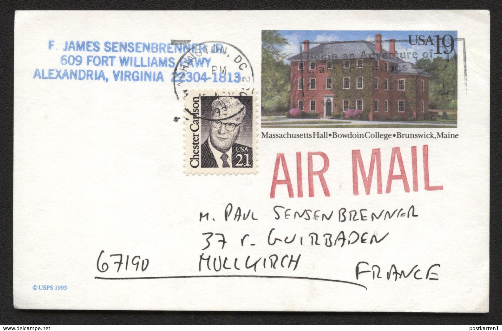 UX173 Postal Card Wahington DC To FRANCE Airmail 1993 - 1981-00