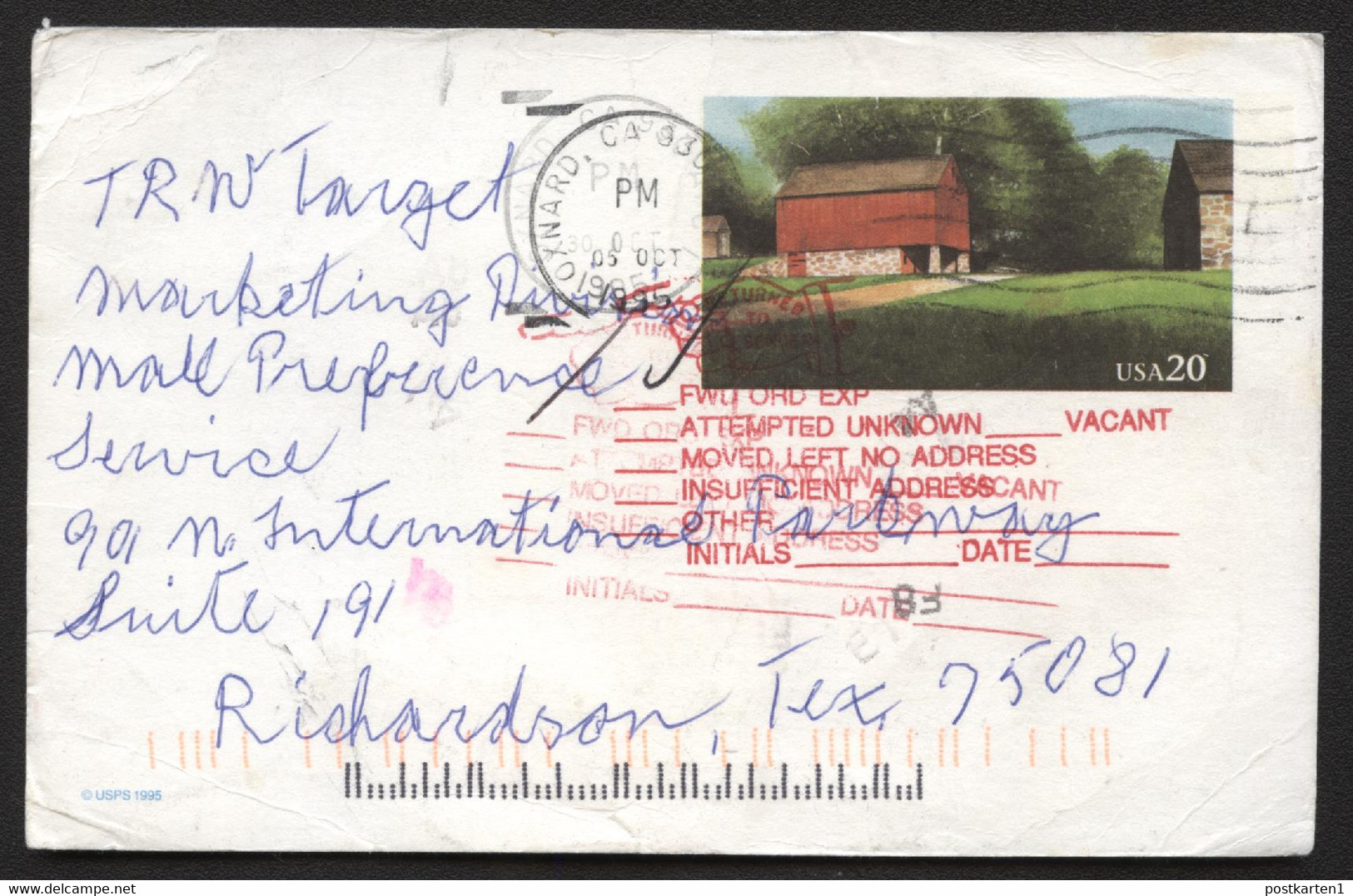 USA UX198 Postal Card Oxnard CA To Richardson TX NON DELIVERED 1995 - 1981-00