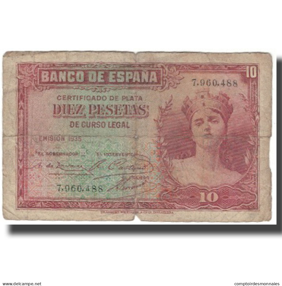 Billet, Espagne, 10 Pesetas, 1935, KM:86a, B - 10 Pesetas