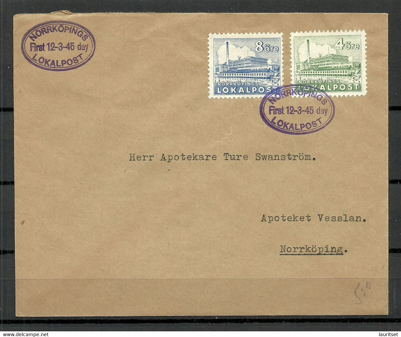 SCHWEDEN Sweden 1945 NORRKÖPING Local Private Post Cover FDC 12.03.1945 - Emissions Locales