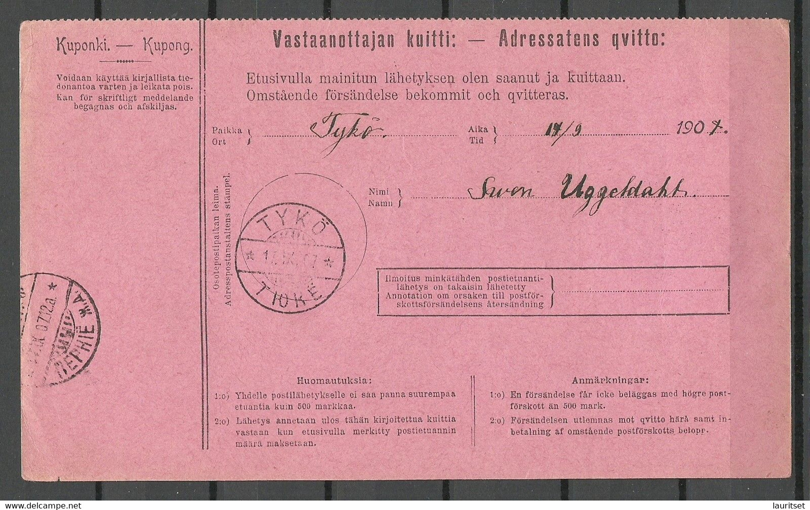 FINNLAND FINLAND Finland Adresskort Packet Freight Bill Card TURKU 1907 To TYKÖ Russian Type Stamps - Brieven En Documenten