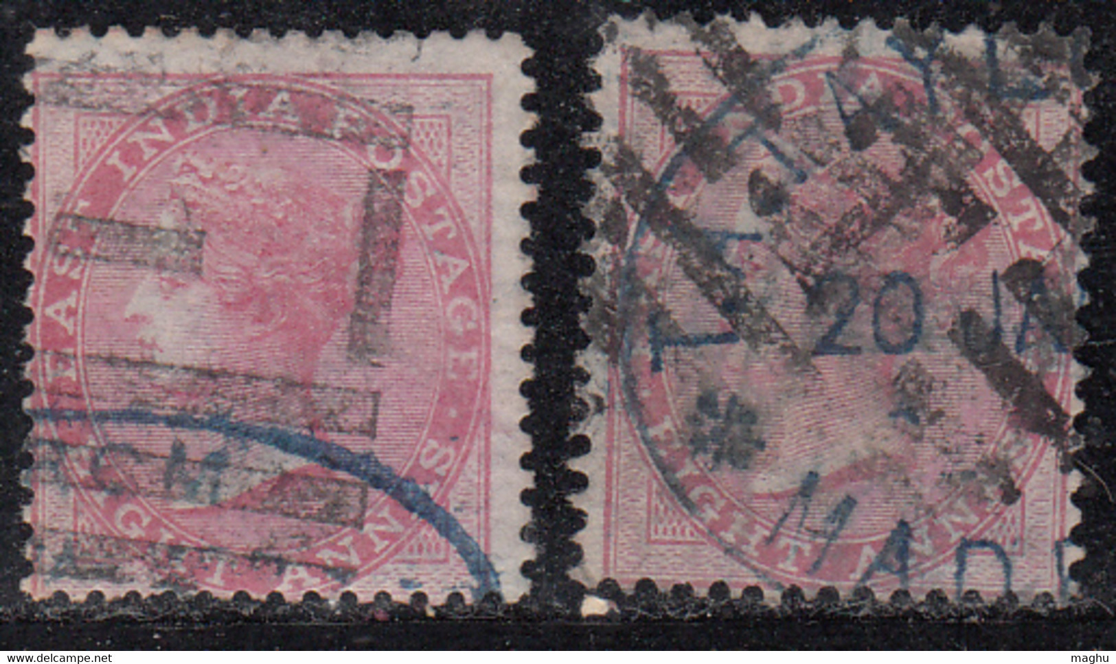 2 Diff Shade Eight Annas, 8as British East India Used 1865 -1868 Elephant Wmk, - 1854 East India Company Administration