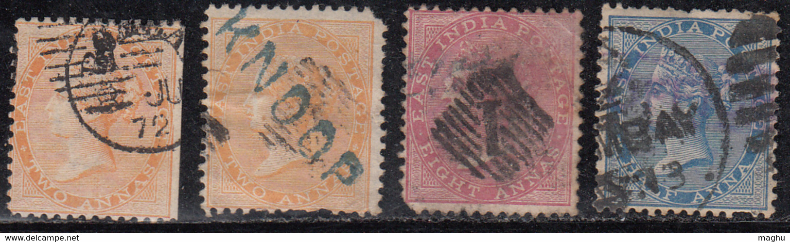 4 Diff., BOMBAY Cancellation, JC Tpye 4 And Local Varities On QV British East India Used, (stamps Damaged) - 1854 Britse Indische Compagnie