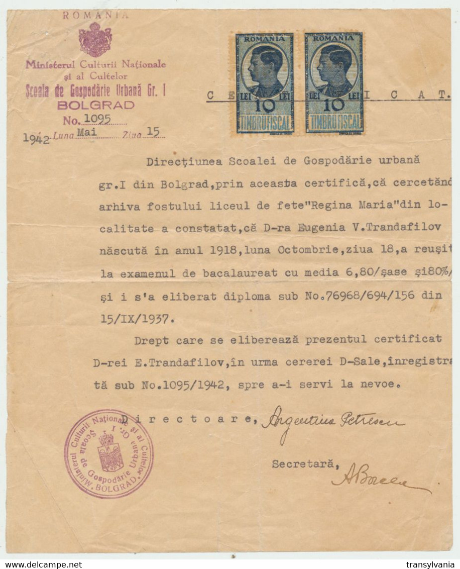Romania 1942 WW2 Bessarabia Certificate With 2 Revenue Stamps, Issued By A Bolgrad School, Now In Ukraine - Fiscaux