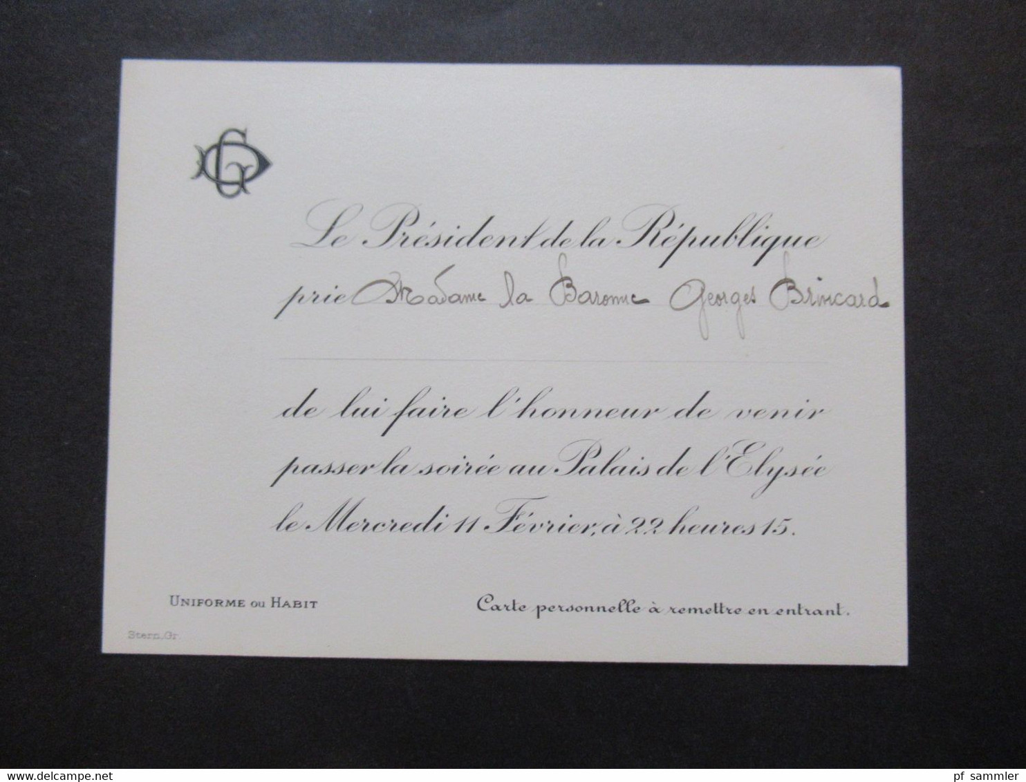 Frankreich 1920er Jahre 2x Originale Einladungskarte Von Gaston Doumergue Le President De La Republique Zur Soirée - Eintrittskarten