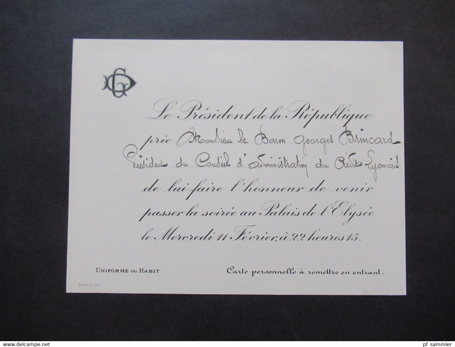 Frankreich 1920er Jahre 2x Originale Einladungskarte Von Gaston Doumergue Le President De La Republique Zur Soirée - Eintrittskarten