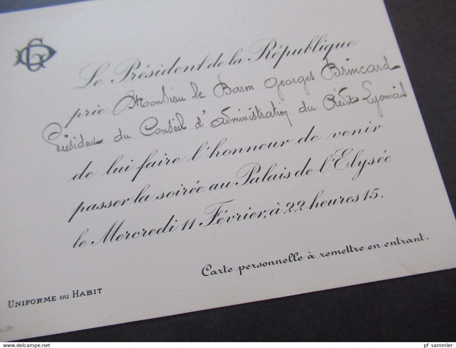 Frankreich 1920er Jahre 2x originale Einladungskarte von Gaston Doumergue Le President de la republique zur soirée