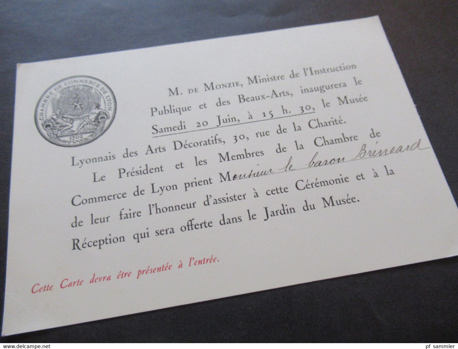 Frankreich 1920er Jahre Originale Einladungskarte Chambre De Commerce De Lyon Dejeuner Musée Lyonnais Des Arts Decorati - Tickets D'entrée