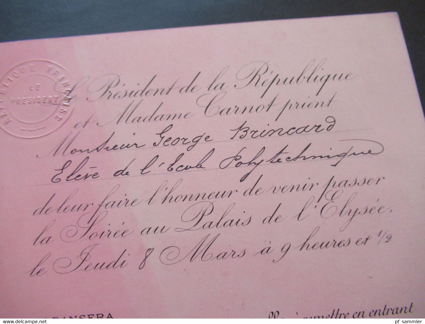 Frankreich 1920er Jahre Originale Einladungskarte Le President Et Madame Carnot Soirée Au Palais De L'Elysée - Tickets - Entradas