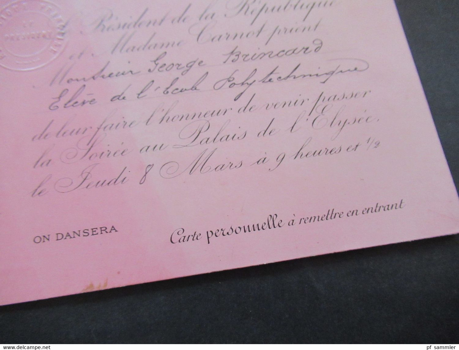 Frankreich 1920er Jahre Originale Einladungskarte Le President Et Madame Carnot Soirée Au Palais De L'Elysée - Toegangskaarten