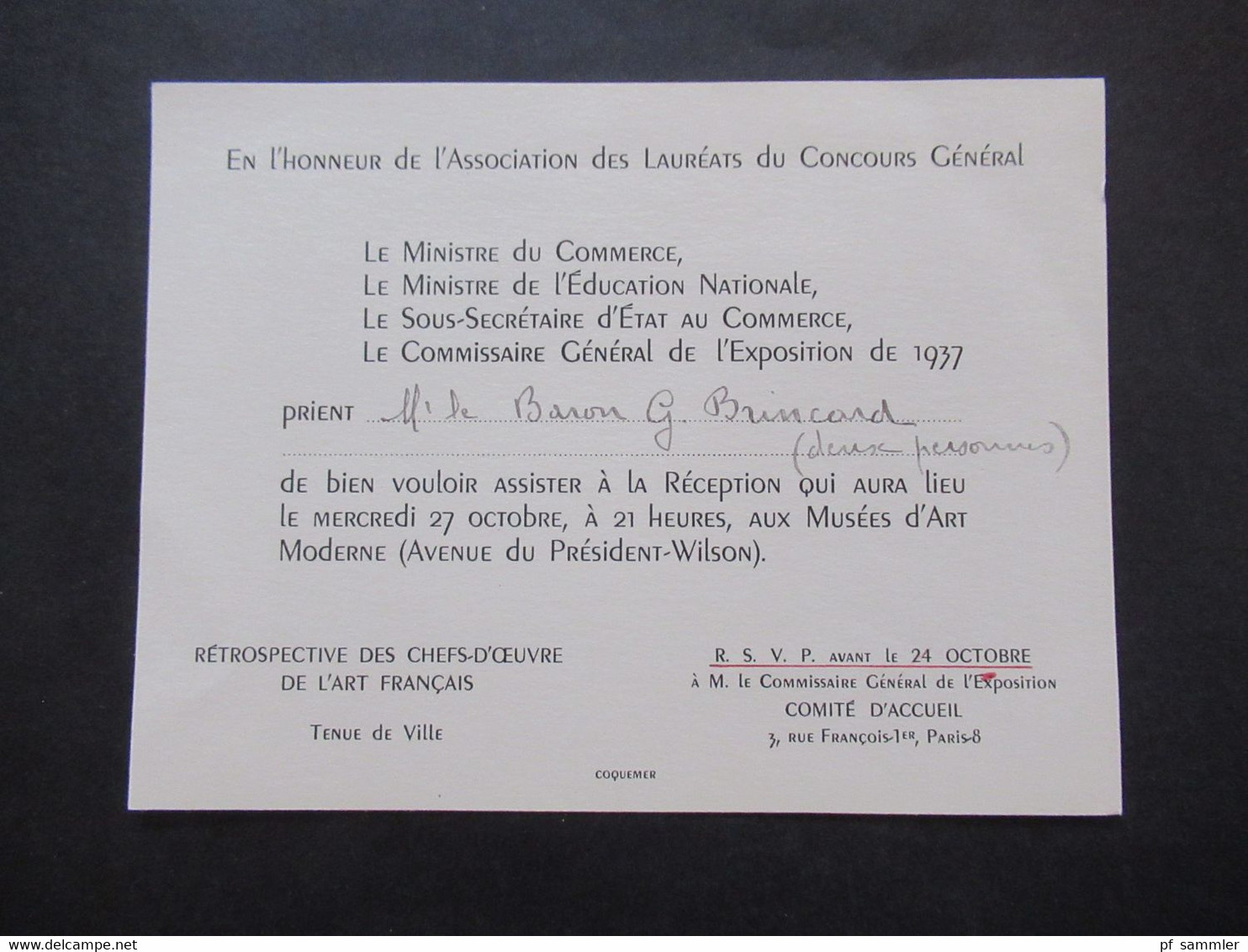 Frankreich 191937 Originale Einladungskarte Exposition De 1937 Musée D'Art Moderne Avenue Du President Wilson - Eintrittskarten