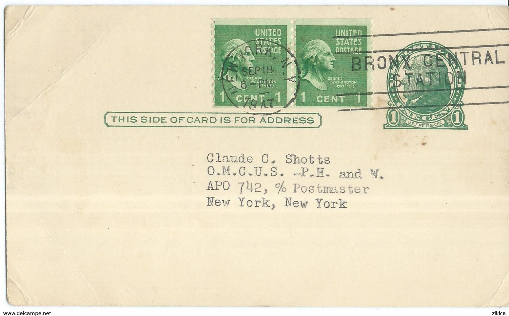 United States > Postal Stationery > Stamped Postal Cards > 1947 New York - 1941-60