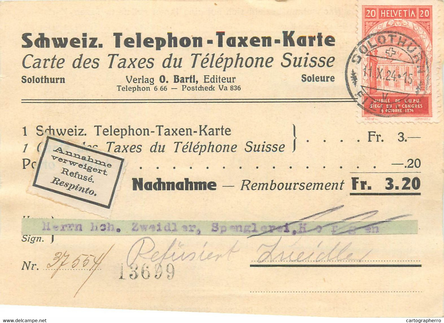 Carte Des Taxes Du Telephone Suisse 1924 Schweiz Telephon Taxen Karte Solothurn Switzerland Map - Telégrafo