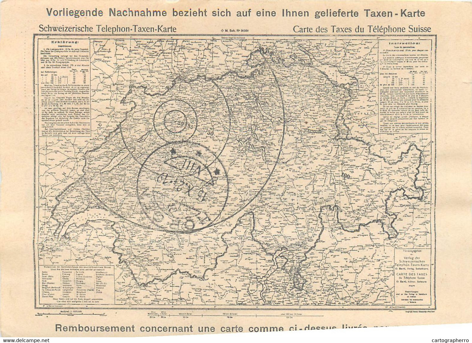 Carte Des Taxes Du Telephone Suisse 1924 Schweiz Telephon Taxen Karte Solothurn Switzerland Map - Telégrafo