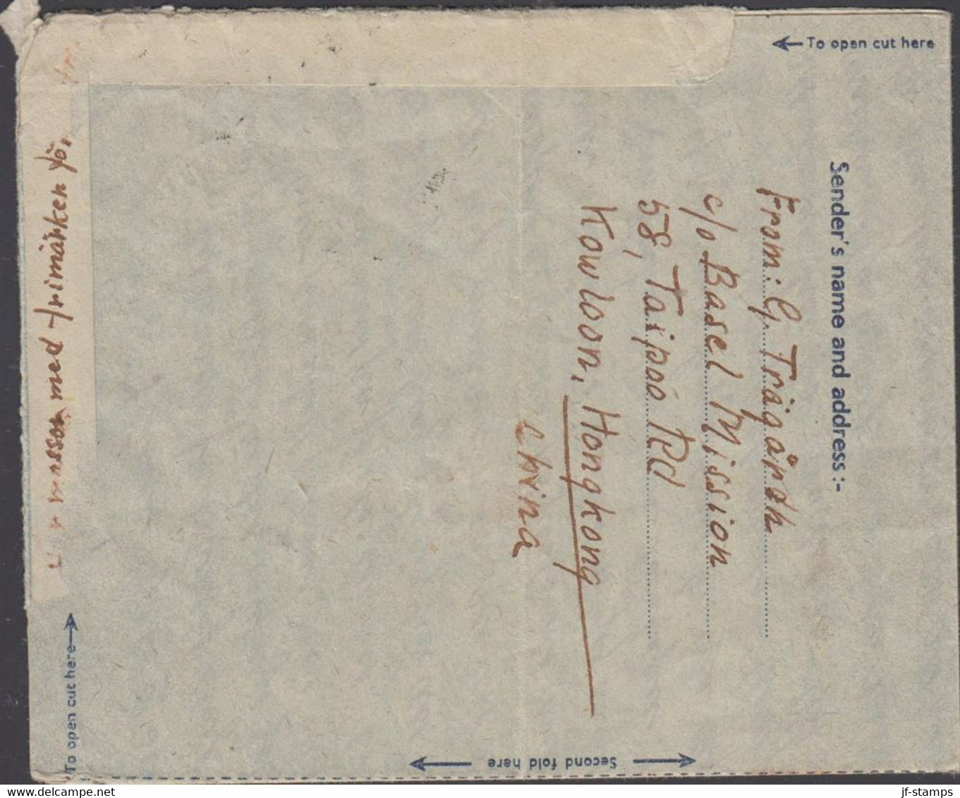 1949. HONG KONG. AIR LETTER Georg VI FORTY CENTS To Mölndal, Sweden From HONG KONG 25 OC 49. Sender From B... - JF427139 - Postwaardestukken