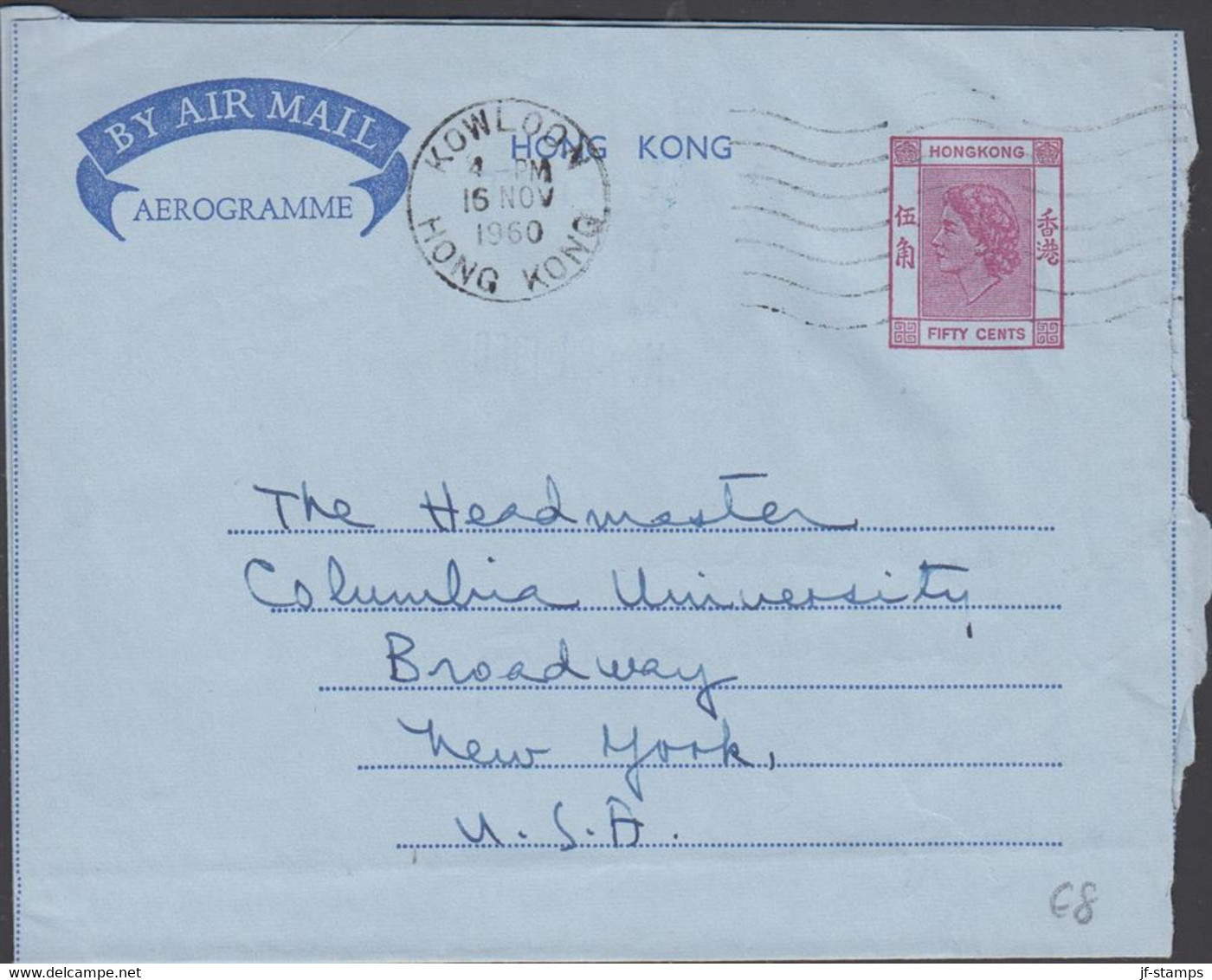 1960. HONG KONG. AEROGRAMME Elizabeth FIFTY CENTS To USA From HONG KONG 16 NO 60. - JF427144 - Entiers Postaux