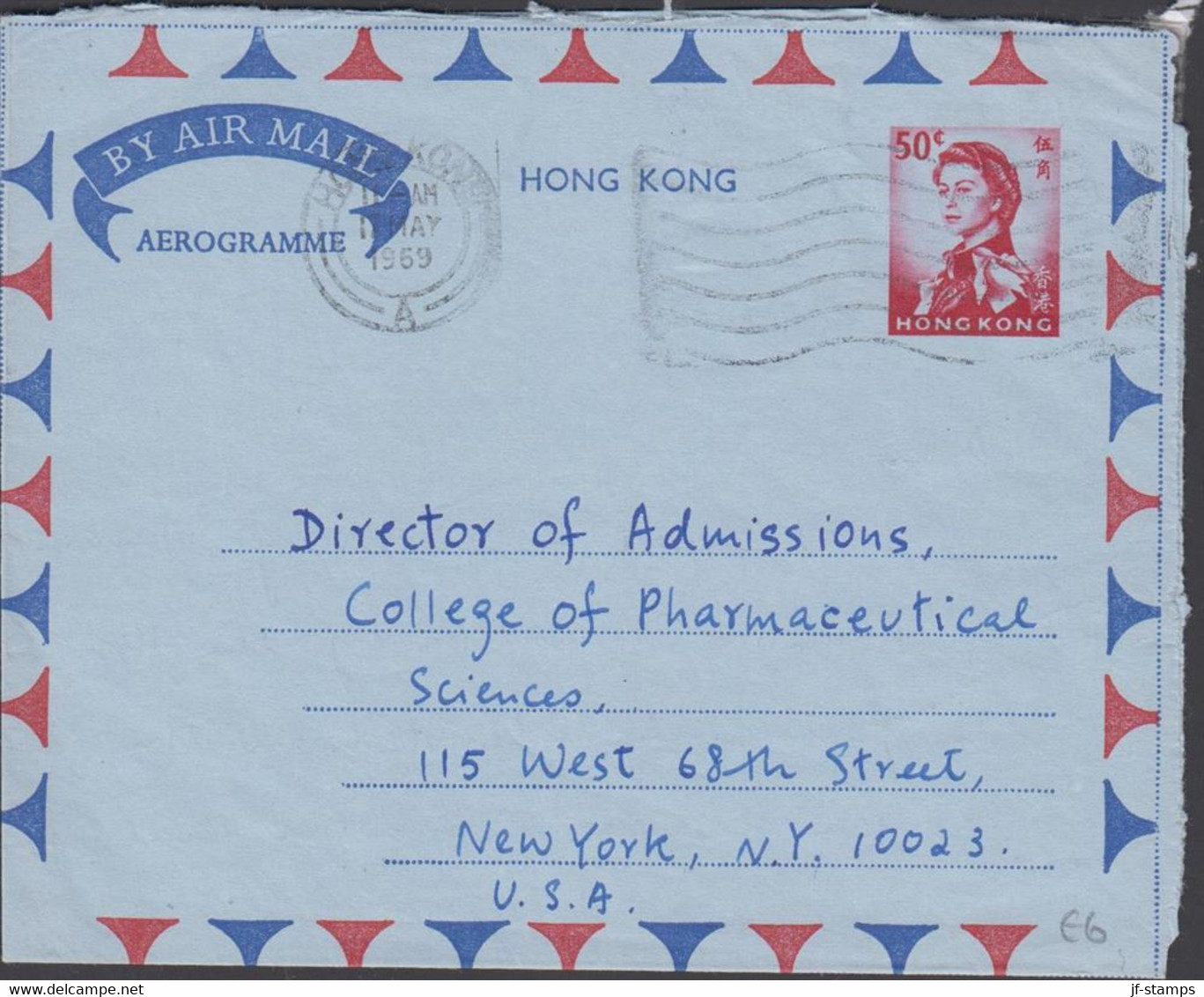 1969. HONG KONG. AEROGRAMME Elizabeth 50 C To USA From HONG KONG 11 MAY 69. - JF427148 - Entiers Postaux