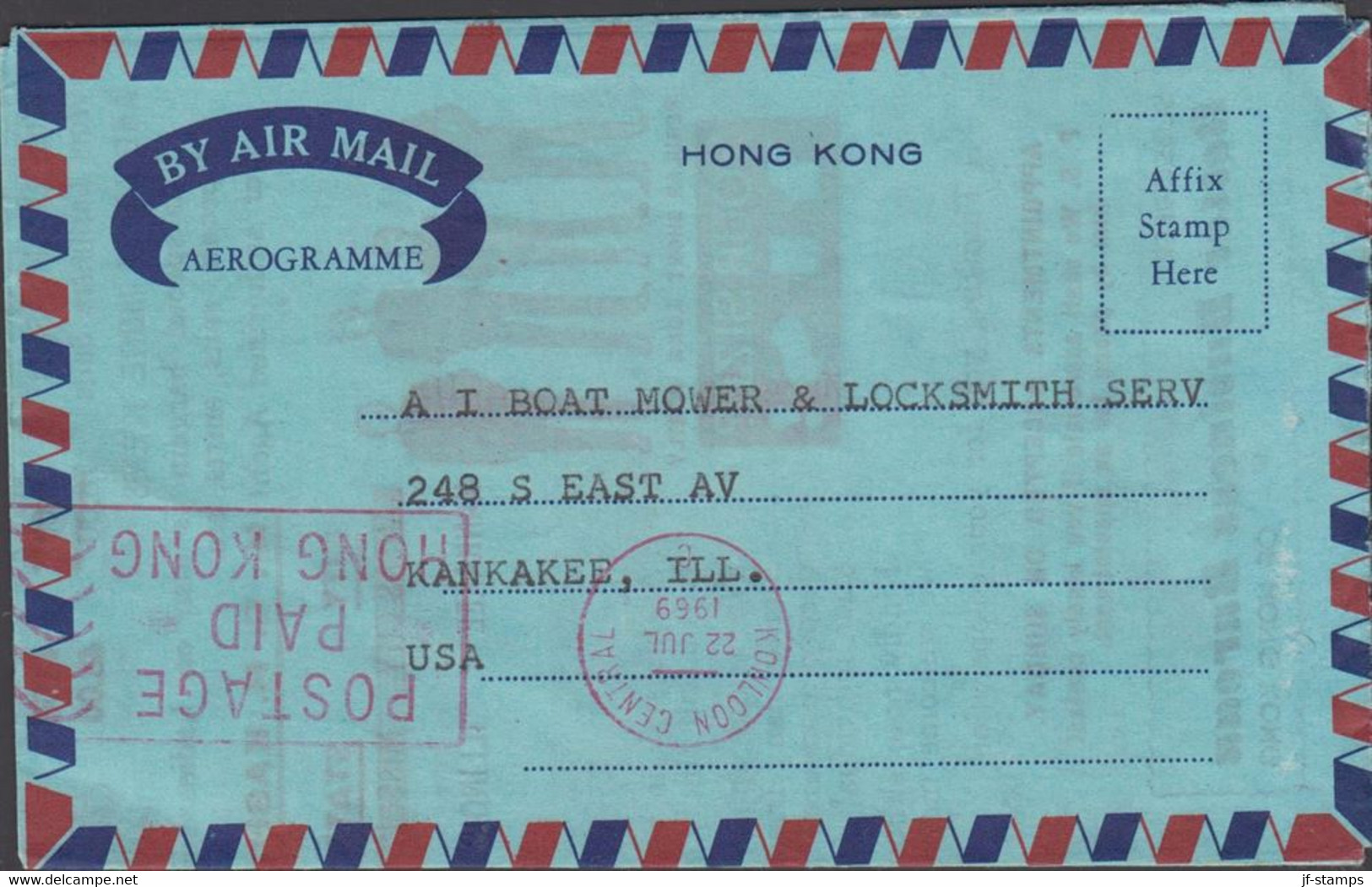 1969. HONG KONG. AEROGRAMME With Red Cancel KOWLOON CENTRAL SS JUL 1969 POSTAGE PAID HONG KONG. Inside Adv... - JF427153 - Enteros Postales