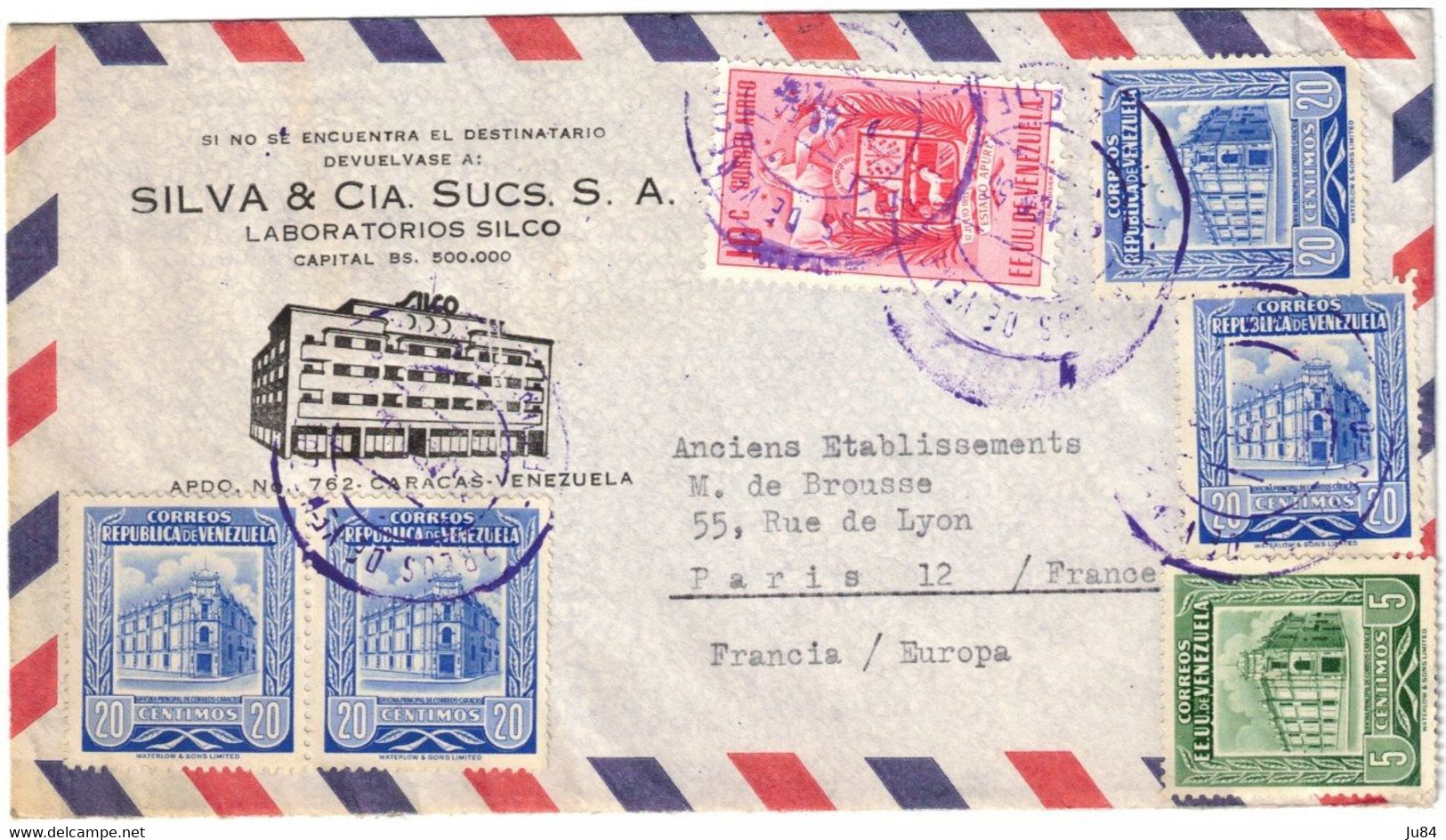 Venezuela - Silva & Cia Sucs. - Laboratorios Silco - Lettre Pour Paris (France) - Bel Affranchissement - 1956 - Venezuela