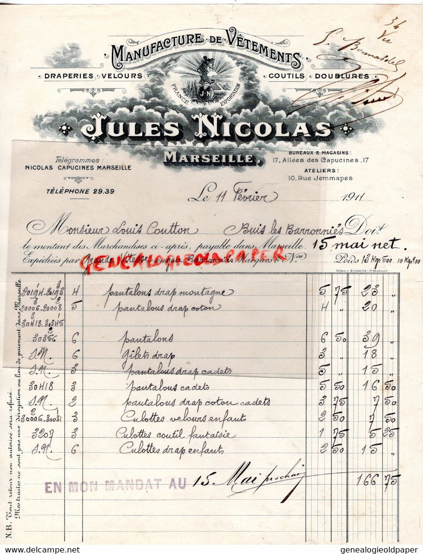 13- MARSEILLE-FACTURE JULES NICOLAS-MANUFACTURE VETEMENTS VELOURS-A LOUIS COUTTON BUIS LES BARRONNIES-1911 - Textile & Clothing