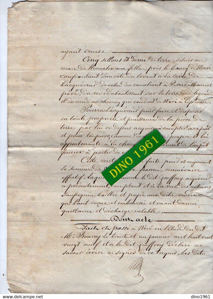 VP21.169 - NERE - Acte De 1829 - Vente De Terre Sise à NERE Par Mr QUERON à Mr PINEAU à Mr GEOFFROY - Manuscrits