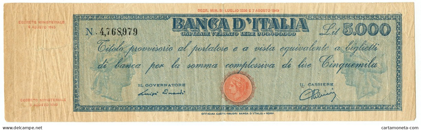 5000 LIRE FALSO D'EPOCA TITOLO PROVVISORIO TESTINA LUOGOTENENZA UMBERTO 1945 QBB - [ 8] Ficticios & Especimenes