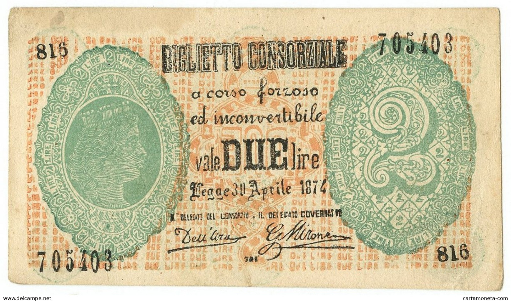 2 LIRE FALSO D'EPOCA BIGLIETTO CONSORZIALE REGNO D'ITALIA 30/04/1874 BB/SPL - [ 8] Fictifs & Specimens