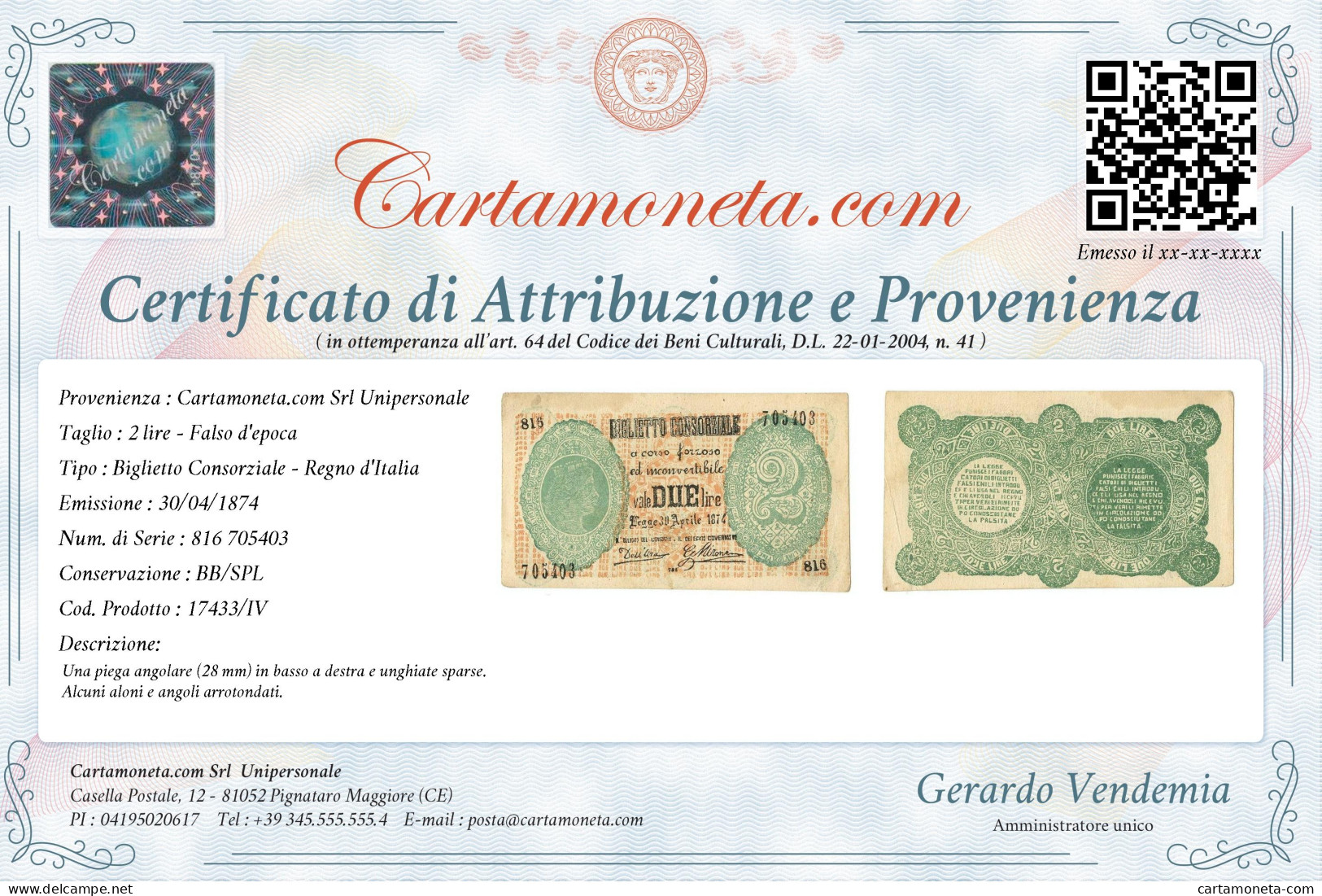 2 LIRE FALSO D'EPOCA BIGLIETTO CONSORZIALE REGNO D'ITALIA 30/04/1874 BB/SPL - [ 8] Fictifs & Specimens