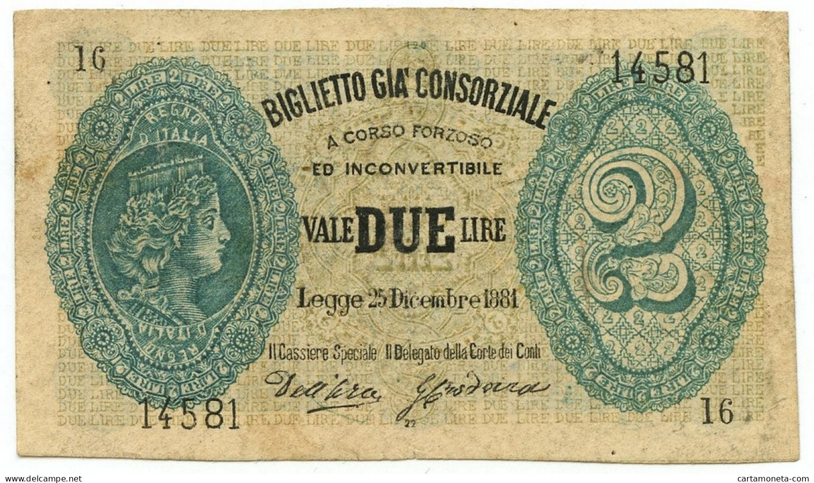 2 LIRE FALSO D'EPOCA BIGLIETTO GIÀ CONSORZIALE REGNO D'ITALIA 25/12/1881 BB - [ 8] Fakes & Specimens